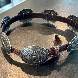 Ariat Women’s Brown Tooled Leather Belt with Silver Oval Floral Conchos